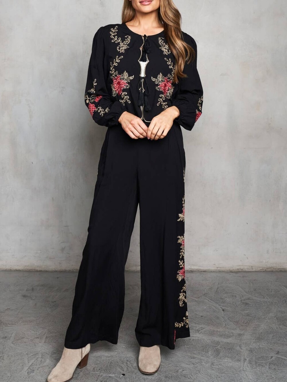 Paparazzi Women’s Black Embroidered Cardigan And Wide-Leg Pants Set